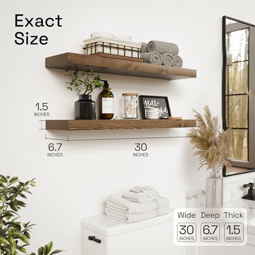 Solid Wood Floating Shelves for Wall 30 Inches Long, Walnut Wooden Shelf | Real Wood, Large Bathroom Shelf, 30 Inch, Heavy Duty, Kitchen Bedroom Rustic Farmhouse, Walnut Finish, 30W × 6.7D, Set of 2 - color: Walnut, size: 30 Inch