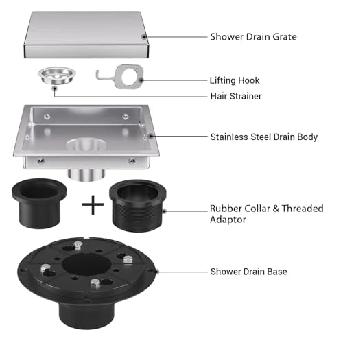 6 Inch Shower Drain Brushed with Tile Insert Grate, Floor Drain Brushed 304 Stainless Steel, Including Hair Strainer - color: Brushed, size: 6 IN