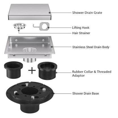 6 Inch Shower Drain Brushed with Tile Insert Grate, Floor Drain Brushed 304 Stainless Steel, Including Hair Strainer - color: Brushed, size: 6 IN