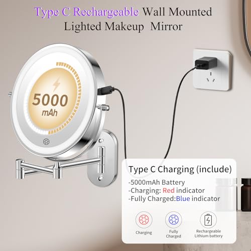 FUNTOUCH 5000mAh Rechargeable Wall Mounted Makeup Mirror with Lights 3X/20X | Double Sided Magnifying,3 Color Lights,Touch Dimmable, Extended Arm 360 Rotation Lighted Bathroom Mirror with Magnification - color: Chrome