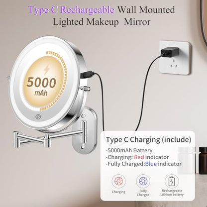 FUNTOUCH 5000mAh Rechargeable Wall Mounted Makeup Mirror with Lights 3X/20X | Double Sided Magnifying,3 Color Lights,Touch Dimmable, Extended Arm 360 Rotation Lighted Bathroom Mirror with Magnification - color: Chrome