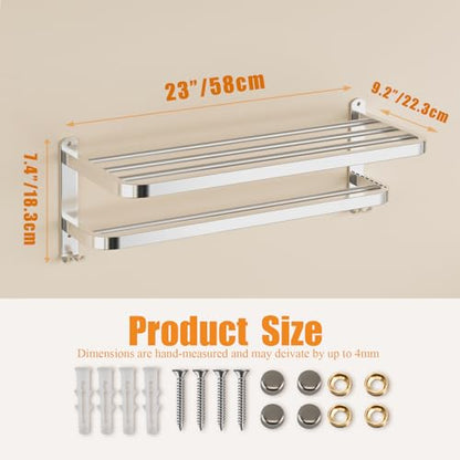 23 Inch Bathroom Towel Rack Towel Shelf with Double Towel Bars Lavatory Wall Mount Holder with Hooks Stainless Steel Hotel Bath Rack - color: Silver