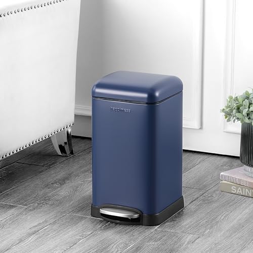 happimess Betty Retro Mini 3.2 Gal Step Trash Can, Denim Blue | Soft-Close Lid, Removable Liner, Iron, Hands-Free Pedal, Satin Finish, Non-Skid Base, Built-In Damper, Modern, Minimalistic - color: Denim Blue