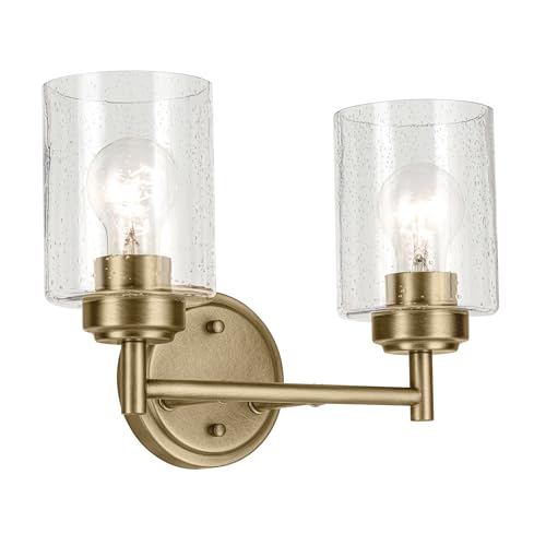 Kichler Winslow 2-Light Farmhouse Vanity Light, Natural Brass | Clear seeded glass vanity light with industrial styling (13" x 9.25" x 6.5"), 45885NBR - color: Natural Brass, size: 13"