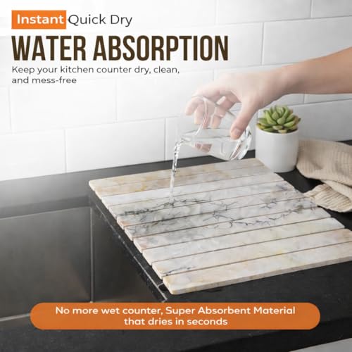 Large Stone Dish Drying Mat for Kitchen Counter 24"(L)×16"(W) – in Super Absorbent Diatomaceous Earth Drying Stone, Quick-Dry & Collapsible for Dishes, Bottles & Cups (White & Gold) - color: White & Gold