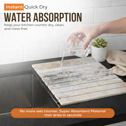 Large Stone Dish Drying Mat for Kitchen Counter 24"(L)×16"(W) – in Super Absorbent Diatomaceous Earth Drying Stone, Quick-Dry & Collapsible for Dishes, Bottles & Cups (White & Gold) - color: White & Gold