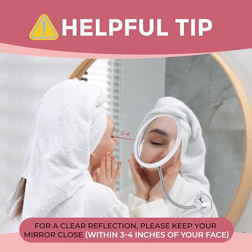 Flexible 10X Gooseneck Magnifying Mirror, 6.7" x 6.7" (Round) | Adjustable Gooseneck Magnifying Makeup Mirror Non Lighted with Suction Cup - Mount on Table or Wall for Vanity & Bathroom Use