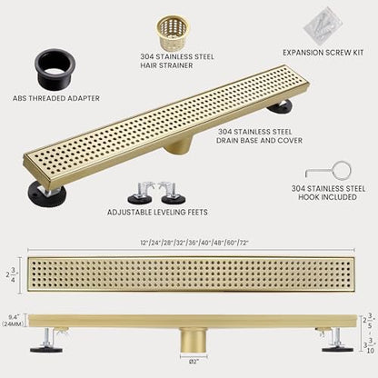 Linear Shower Drain, 28 inch Brushed Gold | Including Hair Catcher and Removable Grate, 304 Stainless Steel, Easy to Install and Clean (Drain Base Not Included) - color: Brushed Gold, size: 28 inch