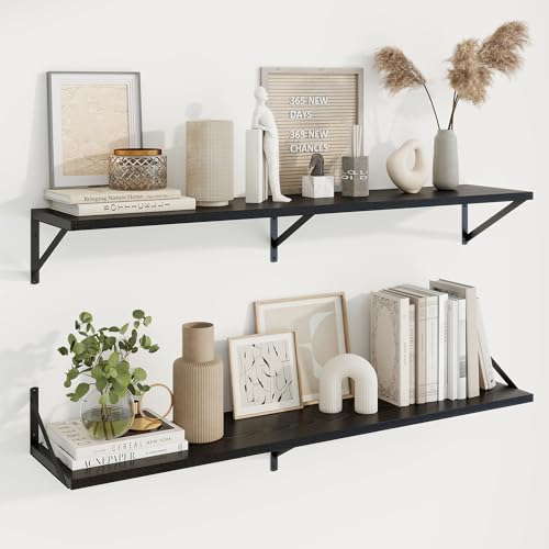 Deep Floating Shelves, 48'' x 10'' Black Wall Shelves Set of 2 | 10 Inch Deep Shelves with Heavy Duty Brackets, Rustic Wood Shelves for Bathroom Living Room, Engineered Wood, 50LBS - color: Black, size: 48W x 10D
