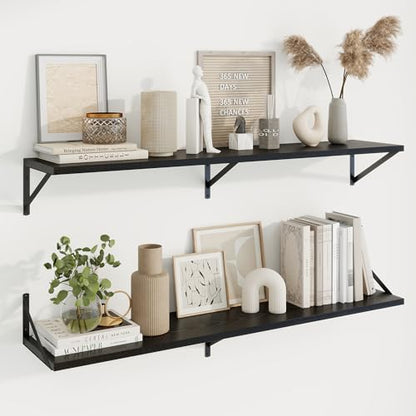 Deep Floating Shelves, 48'' x 10'' Black Wall Shelves Set of 2 | 10 Inch Deep Shelves with Heavy Duty Brackets, Rustic Wood Shelves for Bathroom Living Room, Engineered Wood, 50LBS - color: Black, size: 48W x 10D