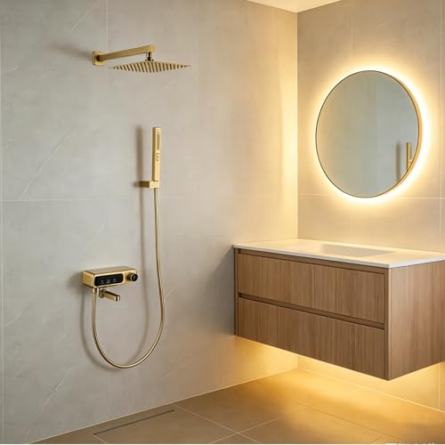 Rainfall Showerhead and Handle Set, 10" Bathroom Shower System, 3 Functions Wall Mounted Shower Faucet Complete Combo Solid Brass with Foldable Tub Spout Modern Bathtub Faucet Shower Trim Kit - color: Brushed Gold