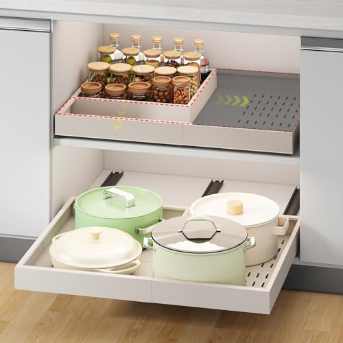 Pull out Cabinet Organizer,Width (14"-21") and Depth (17"-24") Expandable With 3 Rails,No Drill Adjustable Slide out Drawers for Kitchen,Pantry,Adhesive Roll out Shelves,for Cabinets Without Lip,White - color: White, size: (14"W-21"W)X(17"D-24"D)