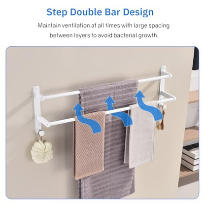White Double Towel Bar with Hooks, 30 Inch Wall Mounted Long Towel Rack - Stainless Steel Bathroom Towel Holder - color: White, size: 30-Inch