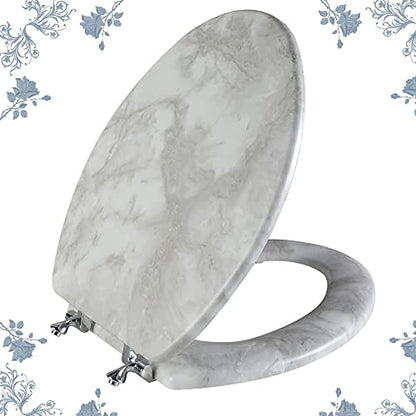 Angol Shiold Elongated Marble Toilet Seat with Zinc Alloy Hinges, Easy to Install and Clean, Anti-pinch (Gray) - color: Grey Marble, size: Elongated-18.5”