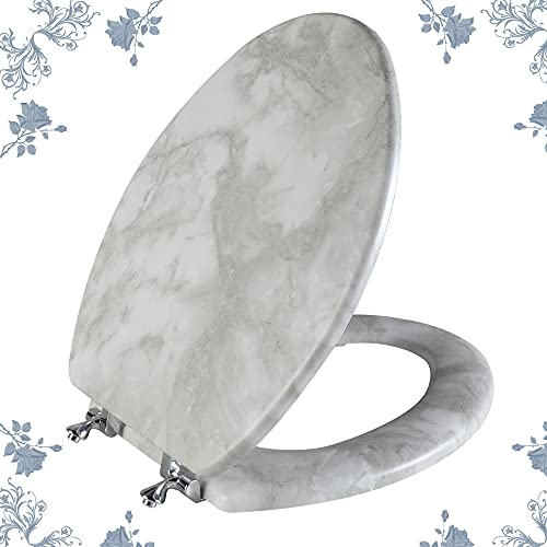 Angol Shiold Elongated Marble Toilet Seat with Zinc Alloy Hinges, Easy to Install and Clean, Anti-pinch (Gray) - color: Grey Marble, size: Elongated-18.5”