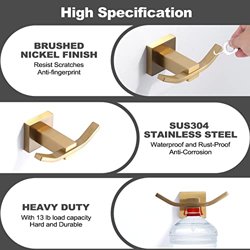 WOWOW Towel Hooks for Bathrooms Gold, SUS304 Stainless Steel Coat Hook, Bathroom Robe Towel Holder, Heavy Duty Robe Hooks, Bathroom Double Towel Hooks for Coats, sponges, Wall Mount - color: Brushed Gold