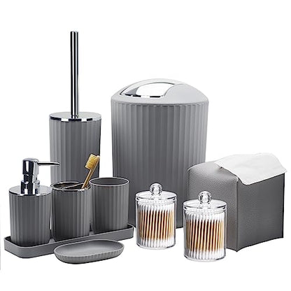 Bathroom Accessory Set, 10 Piece Grey Bathroom Set Complete | Includes Trash Can, Soap Dispenser, Toothbrush Holder, Soap Holder, Tumbler, Toilet Brush, Tray, Qtip Holders, Tissue Cover - color: Grey