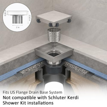 4 Inch Square Shower Drain with Tile Insert Grate, Brushed | SUS 304 Stainless Steel, Removable Grate & Hair Strainer Design, for Bathroom, Kitchen, Balcony, Garage, Basement, Toilet - color: Brushed Stainless Steel, size: 4-Inch