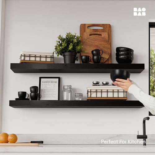 Solid Wood Floating Shelves for Wall 36 Inches Long, Black Wooden Shelf | Real Wood, 36 Inch, Heavy Duty, Wall Mounted, Bathroom Shelves Large, Bedroom Kitchen, Black Finish, 36W × 6.7D, Set of 2 - color: Black, size: 36 Inch
