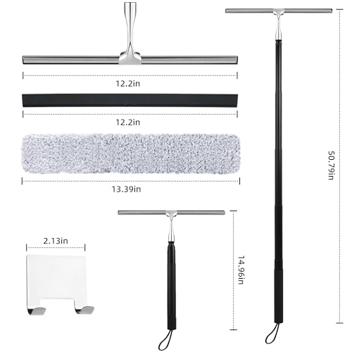 Toncoke 2 in 1 Window Squeegee, Shower Squeegee Window Cleaning Kit with Extension Pole Long Handle Squeegee for Shower Glass Floor Bathroom Home Outdoor, 12 inch Wide, Black