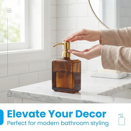 KEMINO Amber Soap Dispenser Square Bottle and Gold Pump, Glass Dish Soap Dispense, Refillable Hand Soap Dispenser with Stainless Steel Pump, 13.5 oz Lotion Dispenser for Bathroom, Kitchen Countertop - color: Amber Bottle With Brushed Gold Pump, size: 13.5