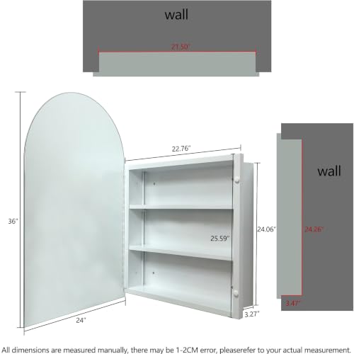 24x36 Inch Arched Bathroom Medicine Cabinet, Frameless Mirror Storage with Modern Cabinet Storage, Removable Shelves, Rust-Resistant White Wall Mounted Vanity - size: CM1018-2436