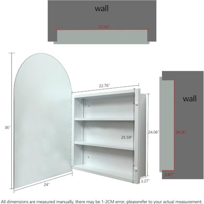 24x36 Inch Arched Bathroom Medicine Cabinet, Frameless Mirror Storage with Modern Cabinet Storage, Removable Shelves, Rust-Resistant White Wall Mounted Vanity - size: CM1018-2436