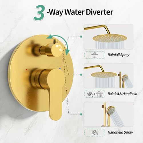 SR SUN RISE 12" Shower Faucet Set with Shower Slide Bar,Brushed Gold | High Pressure Shower Head,6-Spray Setting,16"Adjustable Shower Slide Bar,Soild Brass,Wall Mount,Included Valve and Trim Kit - color: Brushed Gold