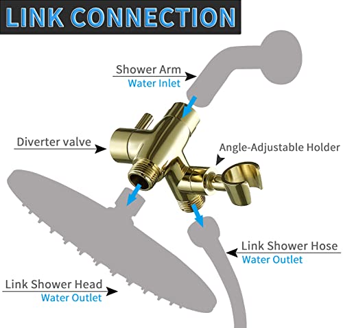 G-Promise Solid Metal Shower Head Diverter with Holder 3-Way | Spray Separately or Both, Adjustable-Angle Bracket, Anti-Leak, Smooth Knob Switch, Easy Install, Universal Replacement Part - color: Polished Gold