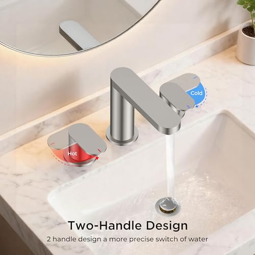 QFN Bathroom Faucet 3 Hole 8" Widespread Vanity Sink Faucet Brushed Nickel | 304 Stainless Steel Bathroom Sink Faucet with Pop-up Drain, 6-12 Inch 3 Hole Install, for RV Laundry Farmhouse Restroom Sink - color: Brushed Nickel, style: Round
