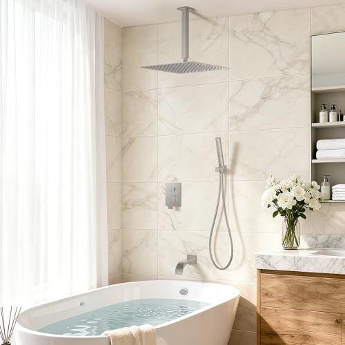 Brushed Nickel Shower System with Tub Spout, Ceiling Mounted Bathtub Shower Faucet Set, 12" Rainfall Shower Head and Handheld Shower Combo, High Pressure Shower Fixtures Set with Rough-in Valve - color: Brushed Nickel, style: 12" Ceiling Mounted Shower Sy