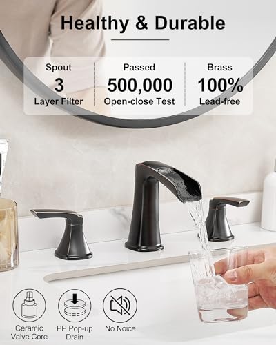 Brass Waterfall Faucet, Oil Rubbed Bronze Bathroom Sink Faucet, 4-16 Inch Widespread Bathroom Faucet, 2 Handle Bathroom Faucets for Sink 3 Hole with Overflow Pop-up Drain for Farmhouse Apartment - color: Oil Rubbed Bronze