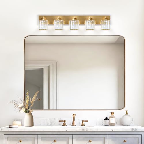 Gold Crystal Bathroom Vanity Light, 5-Light Modern Bathroom Lighting Fixtures Over Mirror,Chrome Wall Sconce Light Fixtures with Square Shade - color: Gold-Square Shade, size: 5-LIGHT