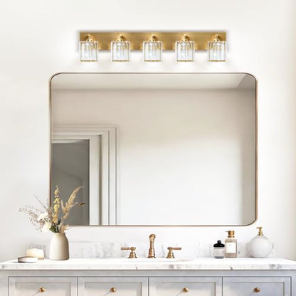 Gold Crystal Bathroom Vanity Light, 5-Light Modern Bathroom Lighting Fixtures Over Mirror,Chrome Wall Sconce Light Fixtures with Square Shade - color: Gold-Square Shade, size: 5-LIGHT