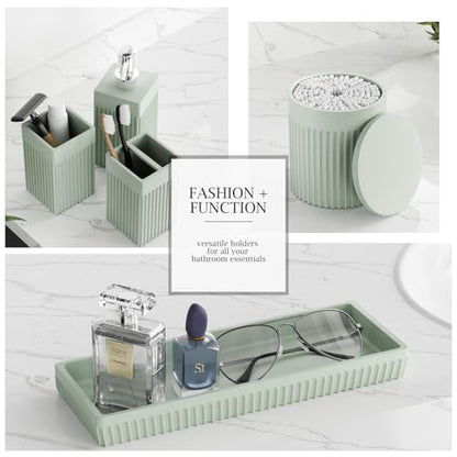 Bathroom Accessories Set, 6-Piece Resin Green Bathroom Set with Toothbrush Holders, Soap Dispenser, Vanity Tray, Tumbler, Cotton Swab Jars, Modern Bathroom Organizer for Small Spaces - color: Green
