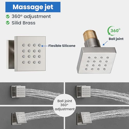 gotonovo Ceiling Shower System with 4pcs Full Body Jets,Brushed Nickel | SUS304 12’’ Rain Shower Head with Handheld Spray,Brass Body Message Jets,Ceiling Mount,Rough-in Valve and Trim Kit,All Metal - color: Nickel