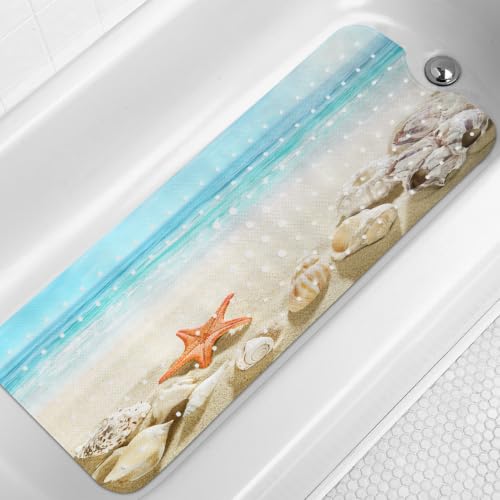 LNOND Summer Beach Bathtub Mat Non Slip, 40 X 16 Inch Tub Mat for Bathroom, Sand Coastline Bath Tub Shower Mat with Drain Holes and Suction Cups - color: Sand Coastline