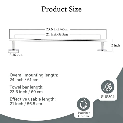 3M Towel Bar, 24 Inch #304SS Chrome No Drill Self Adhesive Bathroom Towel Rod Wall Mounted - color: Chrome, size: 23.6 Inch