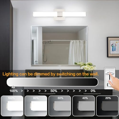 Brushed Nickel Dimmable Vanity Light: 24 Inch LED Modern Bathroom Light Fixtures Over Mirror IP44 Waterproof - color: Upgraded - Brushed Nickel - Dimmable, size: 24 inch