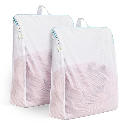 OTraki 2 Pack Large Mesh Laundry Bag with Handles 16x20 inch, White | Hanging Lingerie Bag Mesh Laundry Bags Delicates Hanging Laundry Washing Machine Zipper for Coat Sweater Sock Sheet - size: 16 x 20 inch