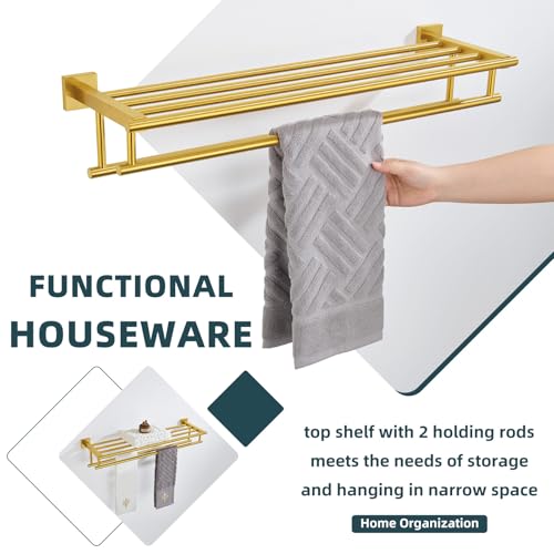 Angle Simple Towel Racks for Bathroom with 2 Bars, Brushed Dark Gold | SUS304 Stainless Steel Towel Shelf with Double Holders, Screw Wall Mount, 27.56 Inches - color: Brushed Dark Gold, size: 27.56-Inch