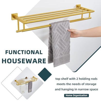 Angle Simple Towel Racks for Bathroom with 2 Bars, Brushed Dark Gold | SUS304 Stainless Steel Towel Shelf with Double Holders, Screw Wall Mount, 27.56 Inches - color: Brushed Dark Gold, size: 27.56-Inch
