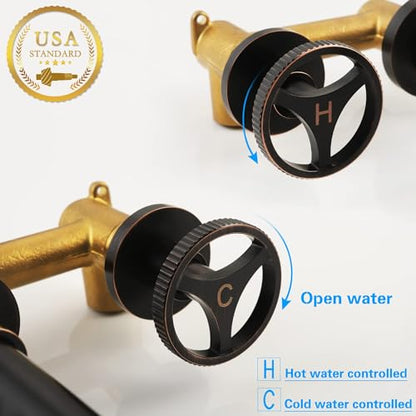 SKOWLL Wall Mount Bathroom Faucet, Industrial Look, Widespread Oil Rubbed Bronze Bathtub Faucet 2 Round Handle Vanity Sink Faucet with 360° Rotates Spout - color: Bronze
