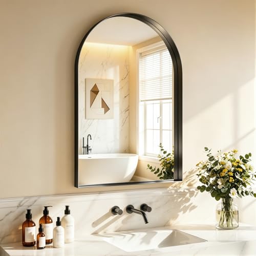 Arched Bathroom Mirror, 30" L×40" W Black Arched Mirrors for Bathroom Sink, Rustproof Black Dark Frame Mirror for Wall, Tempered Glass for Vanity,Living Room,Restroom,Entryway - color: Black-square Corner, size: 40"L x 30"W