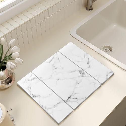 Large Stone Drying Mat for Kitchen Counter, 24"x16" Collapsible Quick Dry Dish Drying Mat, Water-Absorbent Marble Diatomaceous Earth Mats for Bottles Cups Dishes, Match Any Countertop - color: White
