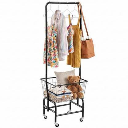 ALIMORDEN Rolling Laundry Cart with Hanging Rack & Metal Basket, Black | 360° Lockable Casters, Wire Laundry Basket Cart, Hanging Rack, Powder Coated Frame for Laundry Room & Bedroom Storage - color: Black