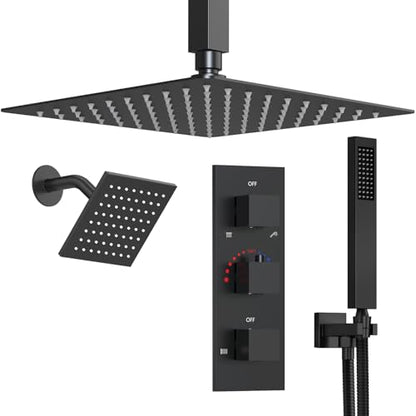 3-Function Thermostatic Shower System with Dual Rainfall Heads, Handheld Sprayer Matte Black - color: Matte Black