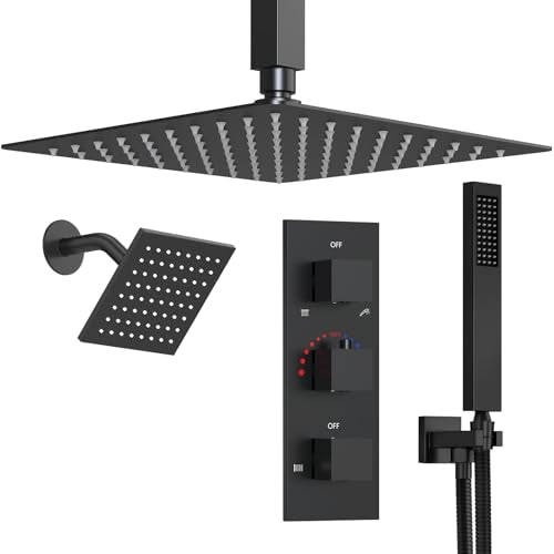 3-Function Thermostatic Shower System with Dual Rainfall Heads, Handheld Sprayer Matte Black - color: Matte Black