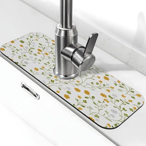 Floral Vine Yellow Green White Diatomite Faucet Mat for Kitchen Sink - Super Absorbent Quick Drying Splash Guard, Non-Slip Drip Catcher Pad for Bathroom Counter, Water Absorbing Tray for Sink Caddy - color: Floral Vine Yellow Green White