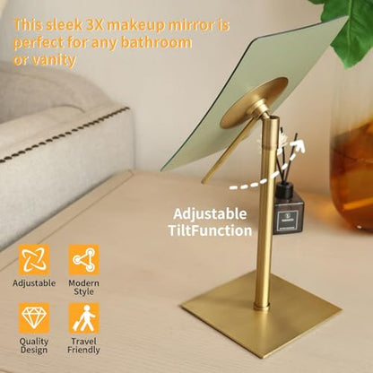 Bronze Table Standing Rectangular Vanity Makeup Mirror with 3X Magnification, Highly Adjustable, Crafted from 304 Stainless Steel, for Hotel Bathroom - color: Bronze